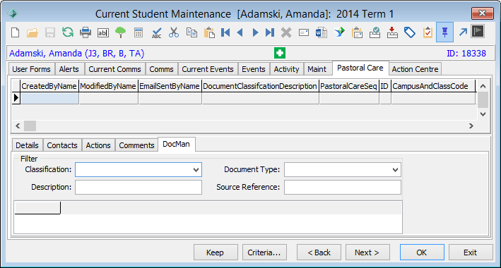 Current Student Maintenance - Pastoral Care tab - DocMan sub-tab