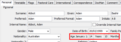 Current Student Maintenance - Personal tab (cut down)