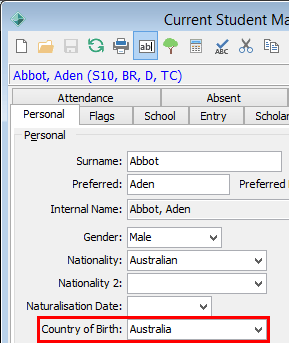 Current Student Maintenance - Personal tab (cut down)