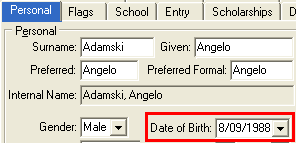 Current Student Maintenance - Personal tab (Date of Birth)