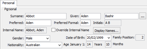 Current Student Maintenance - Personal tab (fields used for roll returns)