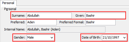 Current Student Maintenance - Personal tab (cut down)