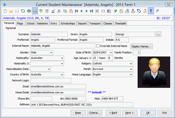 Current Student Maintenance - Personal tab