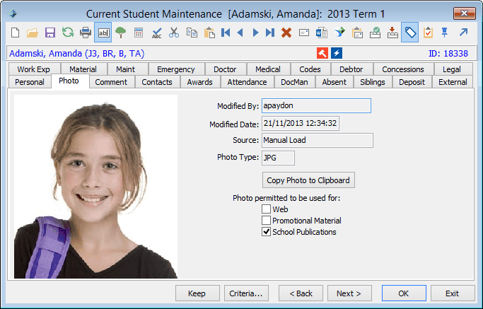 Current Student Maintenance - Photo tab