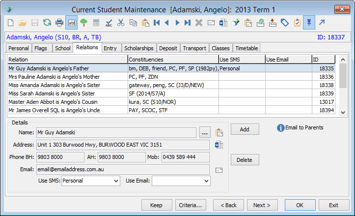 Current Student Maintenance - Relations tab