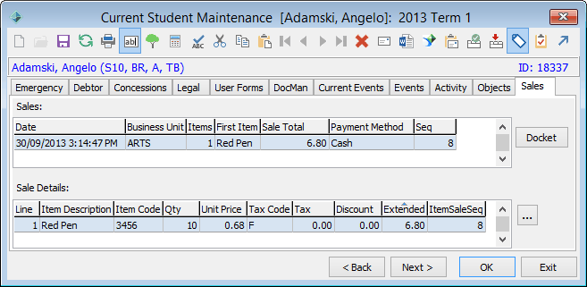 Current Student Maintenance - Sales tab