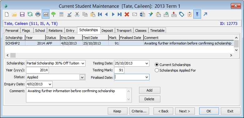 Current Student Maintenance - Scholarships tab