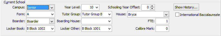 Current Student Maintenance - School tab (Current School fields and buttons)