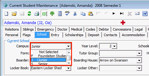 Current Student Maintenance - School tab (cut cown, Campus highlighted)