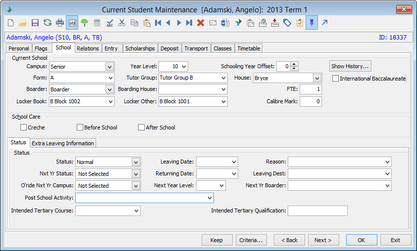 Current Student Maintenance - School tab