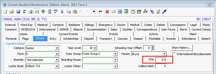 Current Student Maintenance - School tab (cut down, FTE field highlighted)