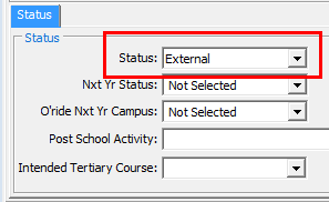 Current Student Maintenance - School tab (cut down, status field highlighted)