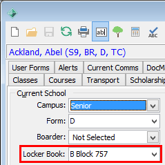 Current Student Maintenance - School tab (locker book highlighted)