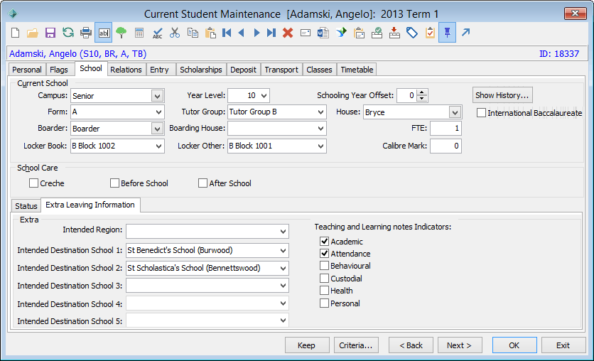 Current Student Maintenance - School tab - Extra Leaving Information sub-tab (cut down)