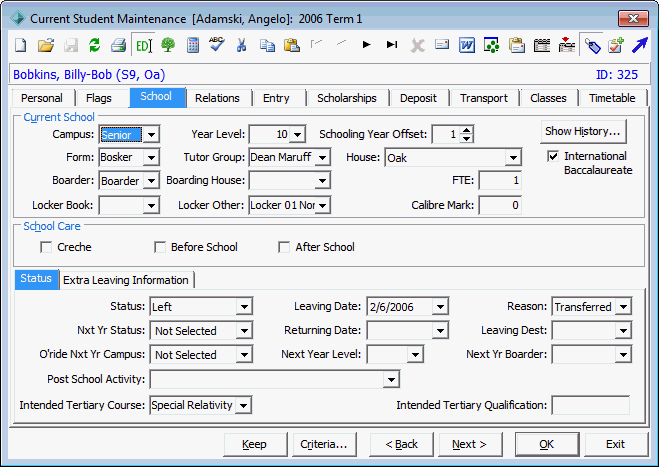 Current Student Maintenance - School tab - Status sub-tab (cut down)