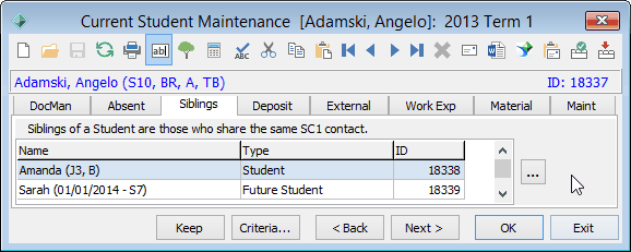Current Student Maintenance - Siblings tab