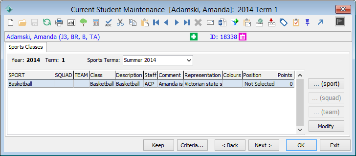 Current Student Maintenance - Sports classes tab