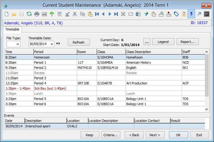 Current Student Maintenance - Timetable tab
