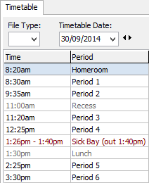 Current Student Maintenance - Timetable tab (Sick bay example)