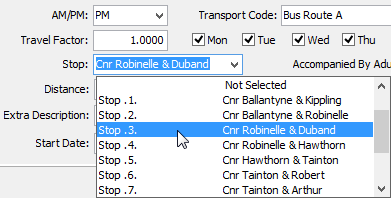 Current Student Maintenance - Transport tab (Stop field)