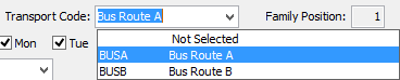 Current Student Maintenance - Transport tab (Transport Code field)
