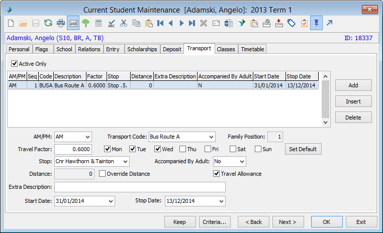 Current Student Maintenance - Transport tab