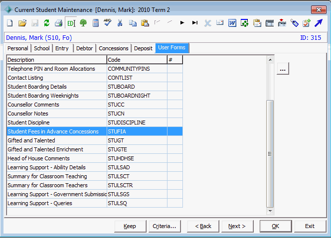Current Student Maintenance - User Forms tab(populated)