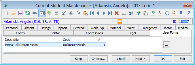 Current Student Maintenance - User Forms tab