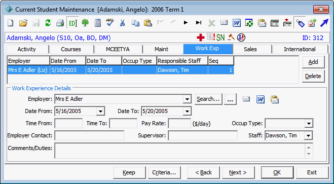 Current Student Maintenance - Work Exp tab
