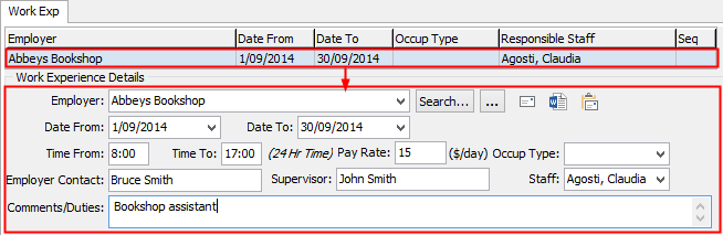 Current Student Maintenance - Work Exp tab (cut down)