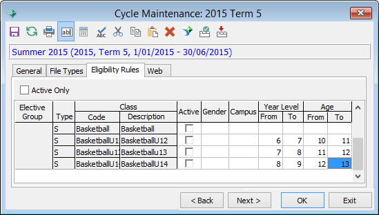 Cycle Maintenance - Eligibility Rules tab
