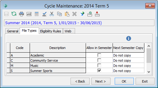 Cycle Maintenance - File Types tab