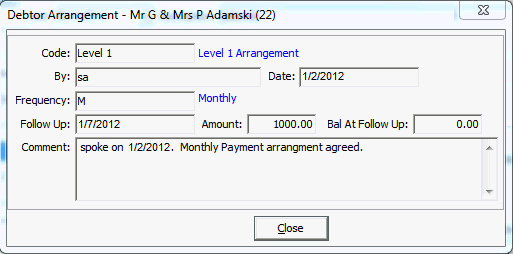 Debtor Arrangement window