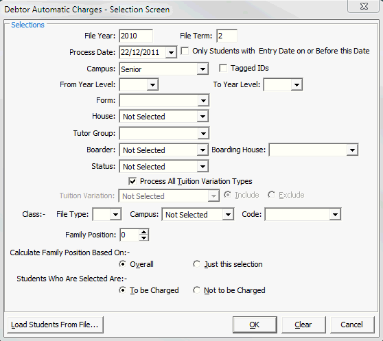 Debtor Automatic Charges - Selection window