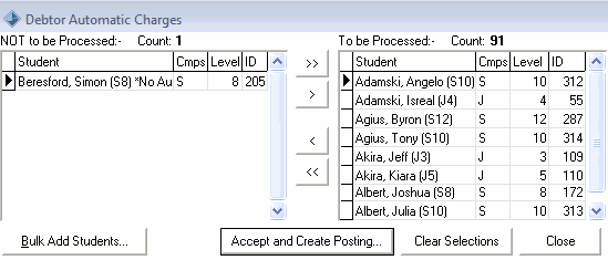 Debtor Automatic Charges window
