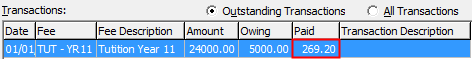 Debtor Cash Receipts Entry - Fees tab (grid area cut down, paid column highlighted)