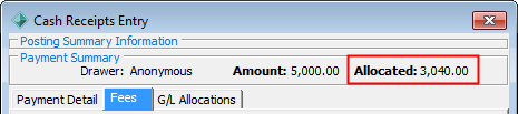 Debtor Cash Receipts Entry - Fees tab (Payment Summary area cutdown, Allocated highlighted)