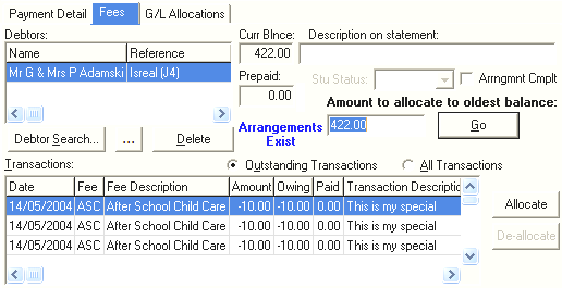 Debtor Cash Receipts Entry - Fees tab (cut down)