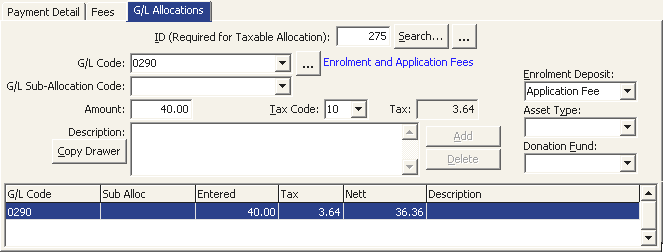 Debtor Cash Receipts Entry - G/L Allocations tab (cut down)