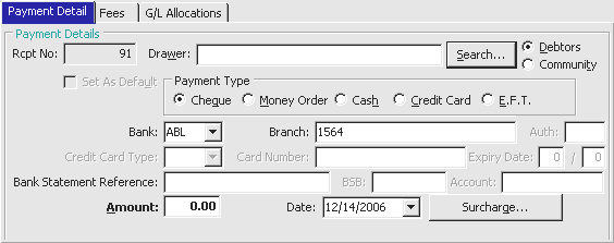 Debtor Cash Receipts Entry - Payment Detail tab (cut down)