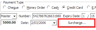 Debtor cash Receipts Entry - Payment Detail tab (cut down, surcharge highlighted)