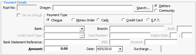 Debtor Cash Receipts Entry - Payment Detail tab (processing cheques from debtors)