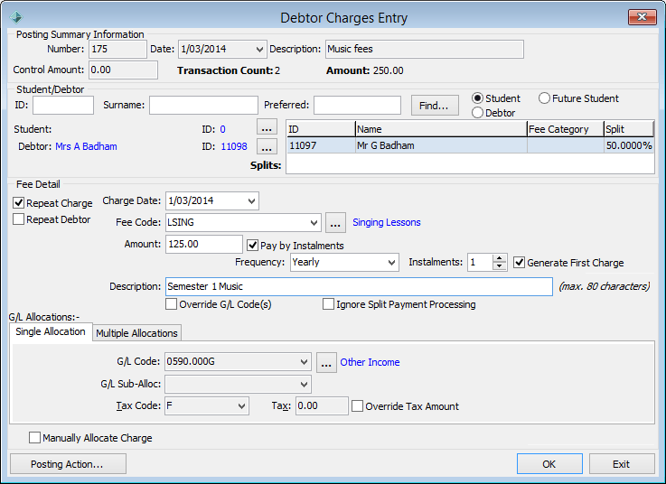 Debtor Charges Entry window