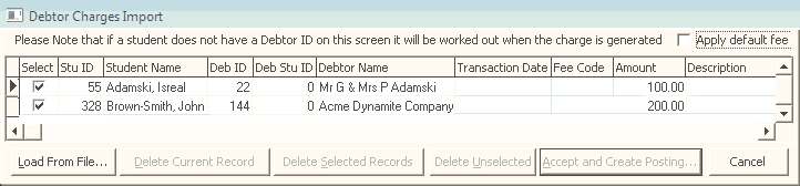 Debtor Charges Import window