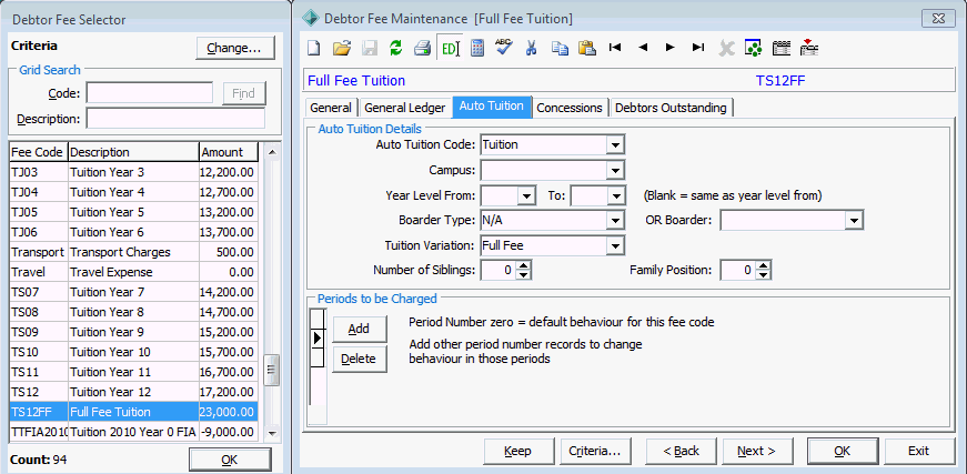Debtor Fee Maintenance - Auto Tuition tab (for roll returns, with fee selector)