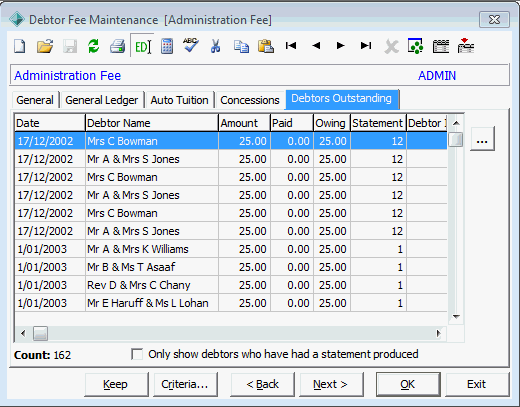 Debtor Fee Maintenance - Debtors Outstanding tab