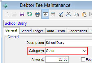 Debtor Fee Maintenance - General tab (Category field)