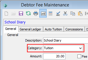 Debtor Fee Maintenance - General tab (Category field)