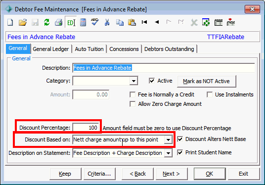 Debtor Fee Maintenance - General tab (fees in advance rebate example)