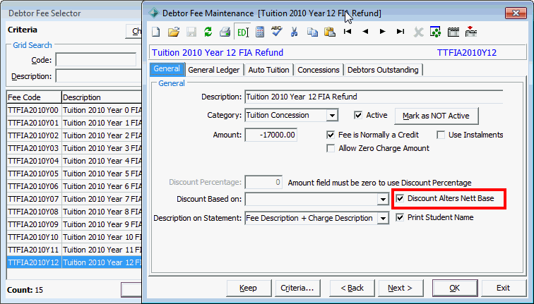 Debtor Fee Maintenance - General tab (fees in advance rebate example - advanced tuition fee)